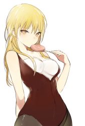Rule 34 | 1girl, :|, arm behind back, bare shoulders, black pantyhose, blonde hair, blush, breasts, candy, cleavage, closed mouth, collarbone, covered navel, cowboy shot, expressionless, food, from side, hair between eyes, hip focus, holding, holding food, leotard, lollipop, looking at viewer, lpip, narrow waist, orange eyes, original, pantyhose, sidelocks, simple background, skin tight, solo, tsurime, white background