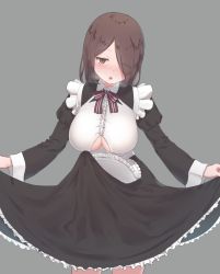 Rule 34 | 1futa, apron, blush, bow, bowtie, breasts, brown eyes, brown hair, bulge, center frills, clothing cutout, cowboy shot, cum, cum in clothes, cum through clothes, dress, erection, erection under clothes, frilled apron, frilled dress, frills, futanari, grey background, hair over one eye, hekirake, huge breasts, large penis, long sleeves, looking at viewer, maid, medium hair, nose blush, original, penis, precum, precum through clothes, puffy long sleeves, puffy sleeves, red bow, simple background, solo, torogao, underboob cutout, waist apron, white apron