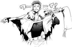 Rule 34 | 1boy, azuazuazu19, text background, black gloves, cape, commentary request, cu chulainn (caster) (fate), cu chulainn (fate), earrings, fate/grand order, fate (series), fingerless gloves, fur-trimmed hood, fur trim, gloves, greyscale, holding, holding staff, hood, jewelry, long hair, looking at viewer, male focus, monochrome, simple background, smile, solo, spiked hair, staff, teeth, upper body, wooden staff