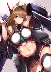 Rule 34 | 1girl, animal ears, armpits, azur lane, blue eyes, blush, breasts, brown hair, commentary request, crop top, detached sleeves, furutaka (azur lane), gloves, kameponde, large breasts, long hair, looking at viewer, miniskirt, navel, pleated skirt, sailor collar, skirt, solo, thighhighs, turret, white thighhighs