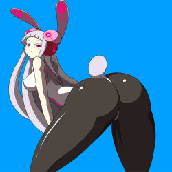 Rule 34 | 1girl, animal ears, arched back, ass, bent over, blue background, breasts, rabbit ears, rabbit tail, electro emilia, covered erect nipples, from behind, ken (koala), large breasts, long hair, looking back, neon trim, original, pantyhose, red eyes, simple background, skin tight, solo, tail, white hair