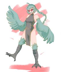 Rule 34 | 1girl, absurdres, bare shoulders, bird legs, black dress, borrowed character, breasts, china dress, chinese clothes, commentary, dress, english commentary, ev v1l, feathered wings, glasses, green hair, green wings, harpy, highres, long braid, long hair, monster girl, original, red-tinted eyewear, red eyes, round eyewear, sleeveless, sleeveless dress, small breasts, solo, standing, standing on one leg, talons, tinted eyewear, winged arms, wings