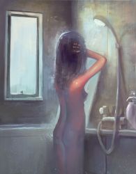 Rule 34 | 1girl, arms up, bathtub, breasts, commentary, completely nude, cowboy shot, faux traditional media, fjsmu, from behind, hands in hair, highres, indoors, nude, original, shadow, shower (place), shower head, showering, small breasts, soap bottle, solo, standing, washing hair, window