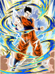Rule 34 | absurdres, aura, black eyes, black hair, dokkan battle, dragon ball, energy, highres, lightning, muscular, muscular male, official art, potential unleashed, powering up, screaming, son gohan, spiked hair, tagme, ultimate gohan