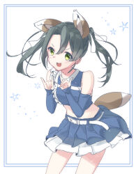 Rule 34 | 1girl, :d, \m/, animal ears, belt, blue skirt, breasts, cowboy shot, crop top, dark green hair, detached sleeves, fake animal ears, fake tail, fox ears, fox tail, green eyes, kantai collection, long hair, looking at viewer, official alternate costume, official art, open mouth, pleated skirt, skirt, small breasts, smile, solo, tail, totoppo, twintails, white belt, zuikaku (kancolle)