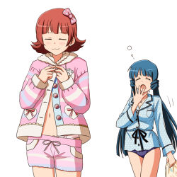 Rule 34 | 2girls, blanket, blue eyes, blue shirt, blunt bangs, bow, bow panties, bowtie, closed eyes, closed mouth, clothes pull, commentary request, commission, dressing, hair bow, holding, holding blanket, idolmaster, idolmaster million live!, jewelry, kitakami reika, lace, lace-trimmed panties, lace trim, lielos, long hair, long sleeves, motion lines, multiple girls, navel, necklace, no pants, nonohara akane, panties, pink bow, pink bowtie, pink panties, pink shirt, pink shorts, pixiv commission, red hair, shirt, short hair, shorts, shorts pull, simple background, sleepy, smile, squeans, standing, underwear, white background, yawning
