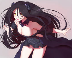 Rule 34 | 1girl, android, bare shoulders, black hair, breasts, cleavage, commentary request, dreamer (girls&#039; frontline), girls&#039; frontline, grey background, hair between eyes, looking at viewer, medium breasts, outstretched arms, pao mian+dan, revealing clothes, sangvis ferri, solo, tongue, tongue out