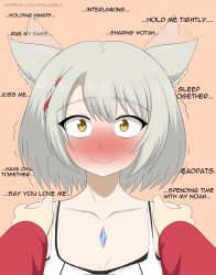 Rule 34 | 1boy, 1girl, animal ears, blush, cat ears, cat girl, crystal, dot nose, ear wagging, english text, grey hair, happy, hetero, highres, holding hands is lewd, looking at viewer, mio (xenoblade), nintendo, noah (xenoblade), orange background, pov, shirt, smile, soulkibble, white shirt, xenoblade chronicles (series), xenoblade chronicles 3