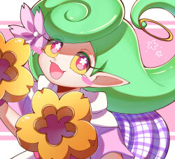 Rule 34 | blush stickers, colored sclera, flower, green hair, hair flower, hair ornament, highres, long hair, open mouth, pink eyes, pipiko., pointy ears, sakimacool, solo, yellow sclera, youkai (youkai watch), youkai watch, youkai watch world