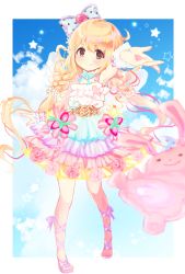 Rule 34 | 1girl, blonde hair, blue ribbon, blue sky, bow, brown eyes, closed mouth, cloud, cross-laced footwear, dress, flower, food, fruit, futaba anzu, hair between eyes, hair bow, highres, idolmaster, idolmaster cinderella girls, idolmaster cinderella girls starlight stage, legs apart, long hair, looking at viewer, low twintails, mugi (user khzh5853), multicolored clothes, multicolored dress, outstretched arm, pink flower, pink rose, polka dot, polka dot bow, purple footwear, ribbon, rose, sandals, sky, smile, solo, standing, star (symbol), strawberry, stuffed animal, stuffed rabbit, stuffed toy, twintails, very long hair
