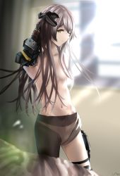 Rule 34 | 1girl, adjusting hair, backlighting, brown hair, chyt, collarbone, contrapposto, girls&#039; frontline, gloves, highres, indoors, long hair, looking at viewer, mod3 (girls&#039; frontline), no pants, panties, pantyhose, solo, standing, thigh strap, topless, ump45 (girls&#039; frontline), ump45 (mod3) (girls&#039; frontline), underwear, underwear only, very long hair, white panties, wind, window, yellow eyes