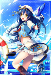 Rule 34 | 1girl, bird, blue hair, clothes around waist, copyright name, day, fingerless gloves, floating hair, gloves, green eyes, hair between eyes, hat, layered skirt, long hair, looking at viewer, love live!, love live! school idol festival, love live! school idol project, midriff, navel, ocean, outdoors, pleated skirt, skirt, sky, solo, sonoda umi, stomach, very long hair, white hat, yunohito