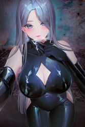 Rule 34 | 1girl, bare shoulders, black bodysuit, black gloves, bodysuit, breasts, cleavage, cleavage cutout, clothing cutout, diamond cutout, elbow gloves, gloves, grey hair, highres, large breasts, latex, latex bodysuit, lichiko, lips, looking at viewer, mole, mole under eye, navel, official art, original, purple eyes, skin tight, skindentation