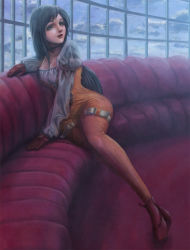 Rule 34 | 00s, 1girl, ankle boots, black hair, bodysuit, boots, breasts, cleavage, couch, final fantasy, final fantasy ix, garnet til alexandros xvii, gloves, lips, long sleeves, minari (miserariman), puffy long sleeves, puffy sleeves, sitting, solo, window