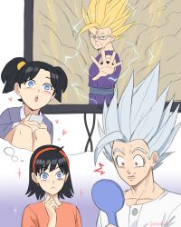 Rule 34 | 1boy, 1girl, :&lt;, :o, absurdres, aged down, black hair, blonde hair, blue eyes, blush, closed mouth, dragon ball, dragon ball super, dragon ball super super hero, dragonball z, electricity, genniax, gohan beast, green eyes, hairband, heart, highres, holding, holding mirror, mirror, open mouth, orange shirt, red eyes, red hairband, shirt, simple background, son gohan, spiked hair, super saiyan, super saiyan 2, television, thought bubble, videl, watching television, white background, white shirt