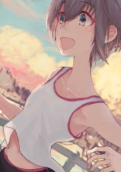 Rule 34 | 1girl, :d, blue eyes, breasts, brown hair, commentary request, evening, hair between eyes, highres, midriff, navel, open mouth, original, outdoors, sawarakajin, shirt, short hair, small breasts, smile, solo, sunlight, tank top, white shirt