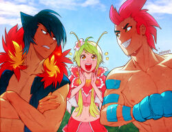 Rule 34 | 1girl, 2boys, artist name, blue hair, boxing gloves, breath weapon, breathing fire, collarbone, commentary, creatures (company), crossed arms, dark skin, day, english commentary, eye contact, feraligatr, fire, flower, game freak, gen 2 pokemon, green hair, grin, hair flower, hair ornament, long sleeves, looking at another, meganium, midriff, multiple boys, muscular, muscular male, nana nakano, navel, nintendo, open mouth, outdoors, personification, pink flower, pink hair, pokemon, red eyes, short hair, smile, spiked hair, typhlosion, wet, wide sleeves, yellow eyes