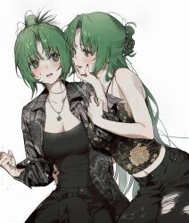 Rule 34 | 2girls, bare shoulders, black nails, black pants, black shirt, blush, breasts, bsgkstnals03, cleavage, clenched hand, denim, earrings, floral print, green eyes, green hair, hand around waist, hand on another&#039;s face, high ponytail, highres, higurashi no naku koro ni, holding another&#039;s arm, jeans, jewelry, large breasts, long hair, looking at another, medium breasts, multiple earrings, multiple girls, nail polish, navel, necklace, open clothes, open mouth, open shirt, pants, parted lips, shirt, siblings, sisters, sonozaki mion, sonozaki shion, standing, sweatdrop, torn clothes, torn pants, twins, very long hair, white background, worried