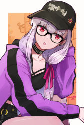 Rule 34 | 1girl, baseball cap, black camisole, black hat, blush, breasts, camisole, choker, collarbone, fate/grand order, fate (series), glasses, hair ribbon, hat, heroic spirit tour outfit, highres, hood, hooded jacket, jacket, kama (fate), kama (tour outfit) (fate), large breasts, long hair, looking at viewer, low twintails, matsui haru, purple jacket, red eyes, ribbon, silver hair, solo, thighs, twintails