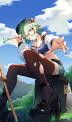 Rule 34 | 1girl, absurdres, alternate costume, ar (3779609928), bare shoulders, belt, black belt, black footwear, black hat, blue sky, breasts, brown eyes, brown thighhighs, chinese commentary, closed mouth, cloud, commentary request, crop top, cutoffs, day, detached sleeves, eyes visible through hair, foot out of frame, foreshortening, from below, genshin impact, glasses, grass, green hair, hat, high heels, highres, holding, holding paintbrush, jewelry, legs, long sleeves, looking at viewer, midriff, nail polish, navel, necklace, outdoors, outstretched hand, paintbrush, pantyhose, plant, red nails, round eyewear, short hair, short shorts, shorts, sitting, sky, small breasts, solo, spaghetti strap, studded belt, sucrose (genshin impact), thighhighs, torn clothes, torn thighhighs, white sleeves, zettai ryouiki