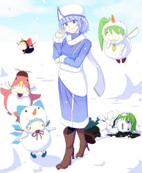 Rule 34 | &lt;o&gt; &lt;o&gt;, 6+girls, alternate costume, bad id, bad pixiv id, bird, blonde hair, blue eyes, blue hair, chibi, cirno, colored eyelashes, commentary request, daiyousei, deformed, disguise, frozen, green hair, grin, highres, ice, letty whiterock, looking at viewer, lying, multiple girls, mystia lorelei, okahi, on side, open mouth, pantyhose, pink hair, rumia, short hair, side ponytail, smile, snow, snowing, snowman, sparrow, team 9 (touhou), touhou, trembling, winter clothes, wriggle nightbug, yuki onna