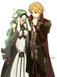 Rule 34 | 1boy, 1girl, :d, artist name, belt, blonde hair, brown coat, cape, coat, commentary request, couple, dress, elbow gloves, epaulettes, fire emblem, fire emblem echoes: shadows of valentia, gloves, green hair, highres, long hair, mask, nintendo, notice lines, official style, open mouth, red cape, shidanna1227, short hair, simple background, smile, standing, tatiana (fire emblem), twitter username, white background, white dress, white gloves, zeke (fire emblem)