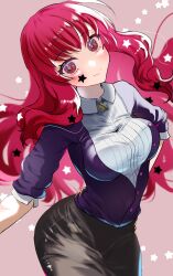 Rule 34 | 1girl, black skirt, blush, breasts, buttons, closed mouth, commentary request, facial mark, fire emblem, fire emblem engage, hair ornament, highres, large breasts, long hair, long sleeves, looking at viewer, mu tu bu, nintendo, red eyes, red hair, skirt, solo, star (symbol), star facial mark, star hair ornament, yunaka (fire emblem)