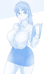 Rule 34 | 1girl, blue theme, bra, bra peek, breasts, button gap, clipboard, collared shirt, dress shirt, ekz (robotekz), eyebrows, highres, large breasts, long hair, long sleeves, looking at viewer, miniskirt, monochrome, office lady, original, parted bangs, pencil skirt, ponytail, shirt, shirt tucked in, simple background, skirt, smile, solo, underwear