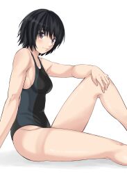 Rule 34 | 1girl, absurdres, amagami, arm support, birthday, black hair, black one-piece swimsuit, blue one-piece swimsuit, blush, breasts, closed mouth, commentary, competition school swimsuit, competition swimsuit, feet out of frame, from side, hand on own knee, highres, jishaku (user rcuz2843), knee up, light smile, looking at viewer, looking to the side, medium breasts, nanasaki ai, one-piece swimsuit, purple eyes, school swimsuit, short hair, simple background, sitting, solo, swimsuit, two-tone swimsuit, white background