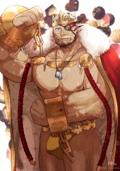Rule 34 | 1boy, absurdres, balor (housamo), bara, beard, black hair, blonde hair, blue eyes, candy, cape, chain, chest hair, chocolate, chocolate heart, cowboy shot, crown, cuffs, dog tags, eyepatch, facial hair, feet out of frame, flaming eye, food, fur-trimmed cape, fur trim, heart, highres, large pectorals, looking at viewer, male focus, male underwear, mature male, multicolored hair, muscular, muscular male, official alternate costume, pectorals, reki uraaka, scar, scar on face, shackles, short hair, solo, thick thighs, thighs, tokyo houkago summoners, tusks, two-tone hair, underwear, valentine, yellow male underwear