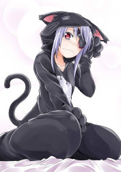 Rule 34 | 10s, 1girl, animal costume, animal hood, bed, bibi02, blush, cat costume, embarrassed, eyepatch, hood, infinite stratos, laura bodewig, light particles, purple hair, red eyes, simple background, sitting, solo, wavy mouth