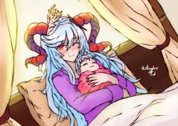 Rule 34 | 1girl, 1other, ahoge, alternate costume, blanket, blue hair, fire emblem, fire emblem heroes, freyja (fire emblem), hair between eyes, highres, hilda (stella glow), holding baby, horns, light blue hair, long hair, looking at viewer, mother and child, nintendo, on bed, one eye closed, pillow, red eyes, rotomdocs, smile, stella glow, very long hair