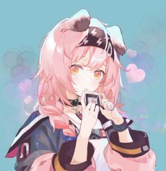 Rule 34 | 1girl, animal ears, arknights, black choker, black hairband, black jacket, blue background, bracelet, braid, cat ears, choker, closed mouth, goldenglow (arknights), hairband, heart, highres, holding, id card, infection monitor (arknights), jacket, jewelry, lightning bolt print, long hair, looking at viewer, orange eyes, pink hair, shirt, side braid, simple background, solo, spread legs, tuxizhizhe, upper body, white shirt