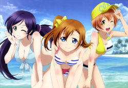 Rule 34 | 10s, 3girls, absurdres, bikini, blue eyes, bow, breasts, cleavage, clothes writing, cloud, day, green eyes, hair bow, hat, highres, hoshizora rin, iida eriko, kosaka honoka, long hair, looking at viewer, love live!, love live! school idol project, medium breasts, multicolored stripes, multiple girls, non-web source, nyantype, ocean, official art, one eye closed, outdoors, ponytail, scan, side ponytail, sky, smile, striped bikini, striped clothes, swimsuit, tojo nozomi, very long hair, water, wink, yellow eyes