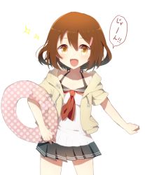 Rule 34 | 10s, 1girl, adapted costume, brown eyes, brown hair, fang, hair ornament, harusawa, ikazuchi (kancolle), innertube, jacket, kantai collection, open mouth, school uniform, serafuku, short hair, skirt, smile, solo, swim ring, swimsuit, translation request