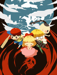 Rule 34 | 1girl, 3boys, baseball bat, black hair, blonde hair, blush stickers, bow, bowl cut, braid, closed mouth, cloud, dougi, dress, facing ahead, fighting stance, freckles, giygas, glasses, green jacket, green pants, hair bow, hitofutarai, holding, holding baseball bat, holding rocket launcher, holding weapon, jacket, jeff andonuts, looking down, mother (game), mother 2, multiple boys, ness (mother 2), nintendo, open mouth, outstretched arm, pants, paula (mother 2), pink dress, planet, poo (mother 2), praying, red bow, red footwear, red headwear, rocket launcher, shirt, solid oval eyes, spoilers, striped clothes, striped shirt, weapon