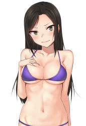 Rule 34 | 10s, 1girl, bare arms, bare shoulders, bikini, black hair, breasts, cleavage, collarbone, cowboy shot, embarrassed, green eyes, hand on breast, hand on own chest, hashi, head tilt, idolmaster, idolmaster cinderella girls, long hair, looking at viewer, mukai takumi, navel, purple bikini, simple background, solo, standing, stomach, sweatdrop, swimsuit, very long hair, wavy mouth, white background