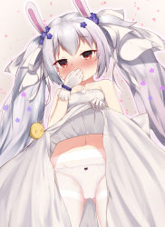 Rule 34 | 1girl, animal, animal ears, azur lane, bare shoulders, bird, blush, bow, bow panties, breasts, chick, clothes lift, collarbone, commentary request, covering own mouth, dress, dress lift, flower, gloves, gluteal fold, hair between eyes, hair flower, hair ornament, hair ribbon, highres, irokari, jewelry, laffey (azur lane), laffey (white rabbit&#039;s oath) (azur lane), lifting own clothes, long hair, manjuu (azur lane), navel, nose blush, panties, panties under pantyhose, pantyhose, petals, purple flower, rabbit ears, red eyes, ribbon, ring, silver hair, small breasts, solo, thighband pantyhose, twintails, underwear, very long hair, wedding band, wedding dress, white dress, white gloves, white panties, white pantyhose, white ribbon