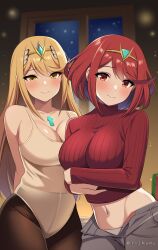 Rule 34 | 2girls, absurdres, alternate costume, arms behind back, blonde hair, blurry, blurry background, blush, breasts, denim, hair ornament, highres, jeans, large breasts, long hair, looking at viewer, multiple girls, mythra (xenoblade), namu (112namu), nintendo, pants, pantyhose, pyra (xenoblade), red eyes, red hair, shirt, short hair, signature, smile, stomach, sweater, window, xenoblade chronicles (series), xenoblade chronicles 2, yellow eyes