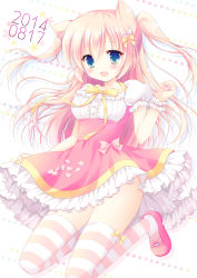 Rule 34 | 1girl, :d, animal ears, blue eyes, bow, cat ears, fang, frilled skirt, frills, hair bow, hair ornament, hairclip, hasekura chiaki, light brown hair, long hair, looking at viewer, open mouth, original, shoes, skirt, smile, solo, striped clothes, striped thighhighs, thighhighs, two side up, wrist cuffs