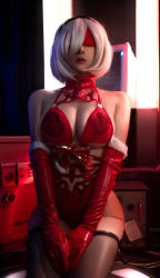 Rule 34 | 1girl, alternate costume, asian, breasts, chinese (nationality), choker, christmas, cleavage, collar, cosplay, costume, gloves, hairband, highres, indoors, large breasts, lingerie, niannian d, nier:automata, nier (series), patterned bikini, patterned clothing, photo (medium), red gloves, red theme, santa costume, short hair, solo, tagme, thighhighs, transparent, underwear, white hair, 2b (nier:automata)