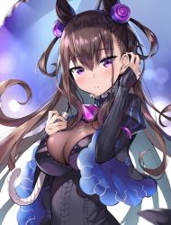 Rule 34 | 1girl, ale nqki, black dress, black gloves, blush, breasts, brown hair, collar, cone hair bun, dress, eyelashes, fate/grand order, fate (series), fingerless gloves, frilled collar, frilled umbrella, frills, gem, gloves, hair between eyes, hair bun, hair ornament, tucking hair, hand to head, hand up, highres, holding, holding umbrella, impossible clothes, impossible dress, jewelry, juliet sleeves, large breasts, lens flare, long hair, long sleeves, looking at viewer, murasaki shikibu (fate), parted lips, puff and slash sleeves, puffy sleeves, purple eyes, purple gemstone, purple umbrella, sidelocks, sleeves past wrists, solo, striped, teeth, two side up, umbrella, upper body, vertical stripes, very long hair, wide sleeves