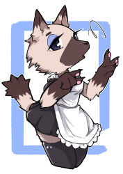 Rule 34 | 1girl, absurdres, animal crossing, animal ears, animal hands, animal nose, apron, black dress, black eyes, black thighhighs, blue eyeshadow, body fur, breasts, brown fur, claws, cowboy shot, dress, eyeshadow, female focus, frilled apron, frills, furry, furry female, half-closed eyes, hands up, highres, looking at viewer, maid apron, makeup, nintendo, open mouth, outline, pawpads, short dress, short sleeves, simple background, sketch, skindentation, small breasts, snout, solo, squiggle, standing, tail, tail raised, thighhighs, two-tone background, two-tone fur, vivian (animal crossing), white apron, white background, white outline, wolf ears, wolf girl, wolf tail, yellowparrot, zettai ryouiki