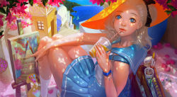 Rule 34 | 1girl, bad id, bad pixiv id, blonde hair, blue eyes, blue sailor collar, bracelet, canvas (object), color guide, drinking, drinking straw, flower, hat, highres, jewelry, nail polish, ocean, original, paintbrush, palette (object), pencil, pleated skirt, ring, rukiana, sailor collar, ship, skirt, socks, solo, watercraft, white nails, white socks