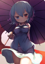 Rule 34 | 1girl, absurdres, blue eyes, blue hair, blue skirt, blue vest, brown background, chii (tsumami tsumamare), closed mouth, cowboy shot, cross-laced clothes, heterochromia, highres, holding, holding umbrella, long sleeves, looking at viewer, purple umbrella, red eyes, shirt, short hair, simple background, skirt, smile, solo, standing, tatara kogasa, tongue, touhou, umbrella, vest, white shirt