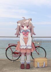 Rule 34 | 1girl, ahoge, animal ear fluff, animal ears, bag, bicycle, blue sky, blush, bow, brown eyes, brown footwear, brown hair, brown skirt, cat ears, cat girl, cat tail, cherry hair ornament, cloud, collared shirt, commentary request, day, food-themed hair ornament, hair ornament, hairclip, highres, horizon, loafers, long sleeves, looking at viewer, nakkar, ocean, original, outdoors, parted lips, photo background, pink bow, plaid, plaid bow, pleated skirt, puffy long sleeves, puffy sleeves, school bag, shirt, shoes, skirt, sky, sleeves past wrists, socks, solo, tail, twintails, twitter username, water, white shirt, white socks