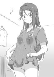 Rule 34 | 1girl, bare legs, blush, closed mouth, clothes hanger, clothes lift, commentary, greyscale, hair between eyes, hair ornament, hairclip, half updo, happy, japanese flag, long hair, looking down, love live!, love live! sunshine!!, marugoshi teppei, monochrome, musical note, no pants, panties, sakurauchi riko, shirt, shirt lift, smile, soccer uniform, solo, sportswear, underwear