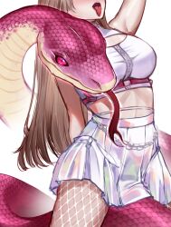 Rule 34 | 1girl, 1other, absurdres, animal, arm behind back, arm up, breasts, chest harness, crop top, dungodango, fishnet pantyhose, fishnets, goddess of victory: nikke, harness, highres, holographic clothing, large breasts, light brown hair, long hair, pantyhose, pleated skirt, skirt, snake, tongue, tongue out, viper (nikke), zipper
