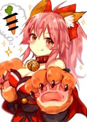 Rule 34 | 1girl, :p, animal ears, animal hands, bell, blurry, blush stickers, breasts, carrot, censored, censored food, claws, cleavage, collar, depth of field, fate/grand order, fate (series), fox ears, hair ribbon, highres, large breasts, long hair, looking at viewer, neck bell, pink hair, ribbon, solo, sparkle, sukemyon, tamamo (fate), tamamo cat (fate), tamamo cat (first ascension) (fate), tamamo no mae (fate/extra), tongue, tongue out, upper body, yellow eyes