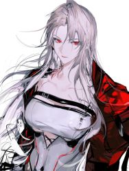 Rule 34 | 1girl, albino, belt, collarbone, earrings, expressionless, fei45606502, from above, highres, jacket, jewelry, long hair, looking to the side, ninety-nine (path to nowhere), path to nowhere, red eyes, simple background, solo, white background, wind